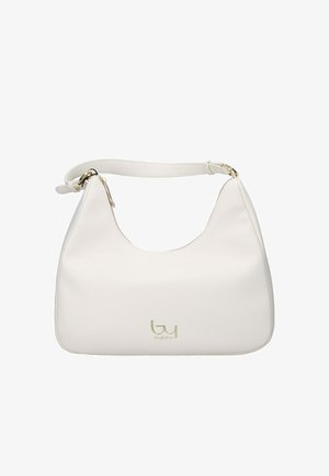 Witte leren schoudertas met een enkele riem en een goudkleurig logo en hardware, voorzien van een rits aan de bovenkant.