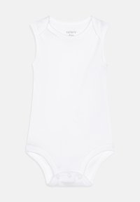 Body sans manches en coton blanc avec des pressions à la base. Texture douce et décolleté rond. L'étiquette de taille indique "carter's 6m".