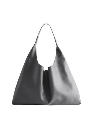 Gray leather bag with a unique slouchy shape, wide strap, and a textured surface. Features an open top and seamless design.