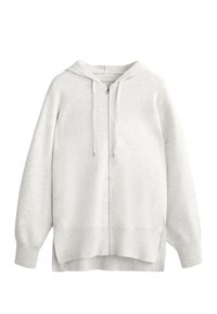 Svijetlosiva hoodie na patentni zatvarač, izrađena od meke tkanine. Ima kapuljaču, opušteni kroj, spuštena ramena te rebraste manžete i donji rub.