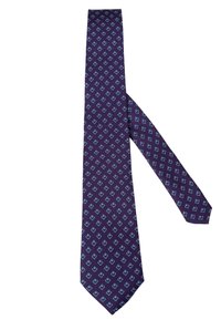 Fioletowy krawat z geometrycznym wzorem małych niebieskich diamentów. Wykonany z teksturowanej tkaniny z ostrym końcem i wąskim fasonem.