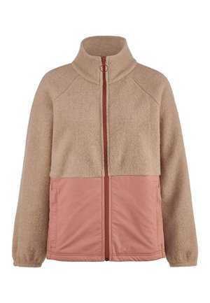 Beige fleecejack met hoge kraag en rits aan de voorkant, met roze doorgestikte stof op het onderste gedeelte en zijzakken.