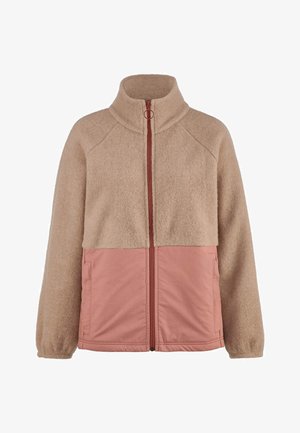 Beige fleecejack met hoge kraag en rits aan de voorkant, met roze doorgestikte stof op het onderste gedeelte en zijzakken.