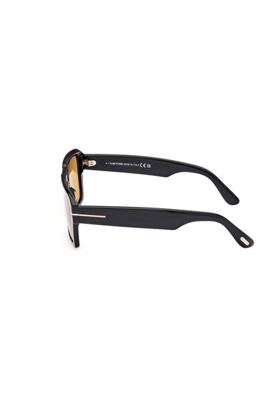 Ochelari de soare din plastic negru cu lentile marron, design rectangular elegant și detalii aurii pe temple. Fabricat în Italia.