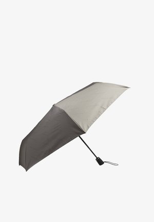 Parapluie compact gris avec une toile texturée, des baleines en métal flexibles et une poignée noire. Le tissu présente un motif subtil.