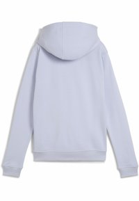 Helle blaue Kapuzen-Bestseller mit glatter Textur, gerippten Bündchen und Saum sowie einem schlichten Design, das eine vollständige Rückansicht zeigt.