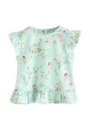 Mintgroen topje met korte mouwen en ruches, met een bloemenpatroon en illustraties van feeën. Lichtgewicht, zachte stof met een uitlopende zoom.
