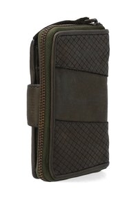 Brown leather wallet with a textured diamond pattern on one side, green accents, zip closure, and a compact rectangular shape.