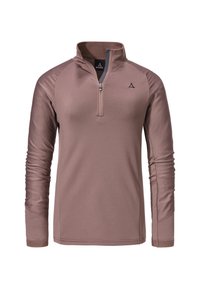 Langarm-Pullover mit Reißverschluss in staubigem Rosé mit strukturiertem Rippenmuster. Verfügt über einen Halb-Reißverschluss-Kragen und ein Logo auf der Brust. Weicher Stoff.