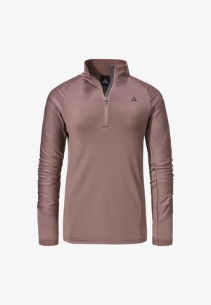 Langarm-Pullover mit Reißverschluss in staubigem Rosé mit strukturiertem Rippenmuster. Verfügt über einen Halb-Reißverschluss-Kragen und ein Logo auf der Brust. Weicher Stoff.