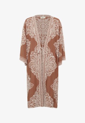 Long brown kimono with white intricate lace patterns, open front, short sleeves, and a tie waist. Smooth texture, lightweight fabric.
