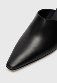 Sorte skinn sko med spiss tå, glatt tekstur og et strømlinjeformet, moderne design, med åpen bak og ingen synlig maskinvare.