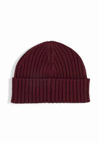 Bordeaux gebreide beanie met een geribbelde textuur, voorzien van een opgerolde boord en een afgeronde topontwerp. Gemaakt van een zacht, warm materiaal.