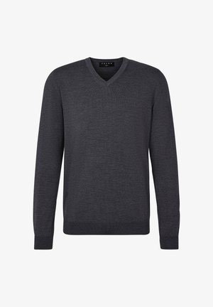 Donkergrijze V-hals trui met lange mouwen, een gladde textuur, geribbelde manchetten en zoom. Gemaakt van een lichtgewicht, gebreide stof.