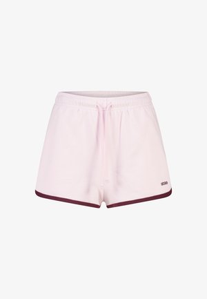 Shorts en coton rose avec une taille élastique, un cordon de serrage et une bordure bordeaux à l'ourlet. Présente un logo dans le coin inférieur droit.