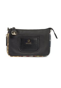 Svart nylonklutchväska med en texturerad läderpanel. Guldtonad hårdvara, dragkedjestängning och färgglada mönstrade detaljer på kanterna.