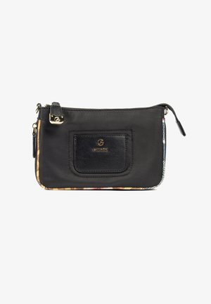 Sort nylon clutch-taske med et tekstureret læderpanel. Guldfarvet hardware, lynlås-lukning og farverige mønstrede detaljer langs kanterne.