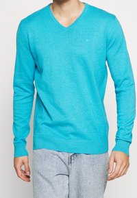 Pull turquoise à col en V en tissu tricoté doux. Il présente des manches longues, des poignets et un ourlet côtelés, avec un logo discret sur la poitrine.