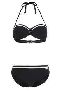 Zwart bikini-set met halternektop met een zilveren gesp, witte accenten en bijpassende mid-rise onderkant. Glad oppervlak en rekbare stof.