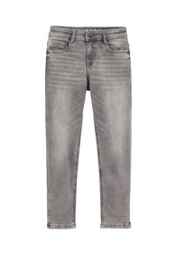Sive jeans iz tankega denima s slim fit krojem, ki imajo sprednje žepe, gumbasto zapiranje in diskretno bledenje na tkanini za teksturo.