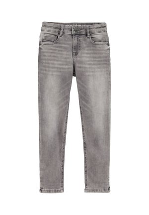 Harmaa farkut, joissa on kapea istuvuus, etutaskut, nappikiinnitys ja hienovarainen kuluminen kankaassa tekstuurin luomiseksi.