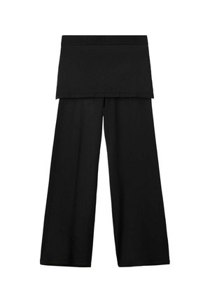 Pantalones negros de pierna ancha con detalle de falda en capas adjunto y cintura elástica, mostrados sobre un fondo blanco.