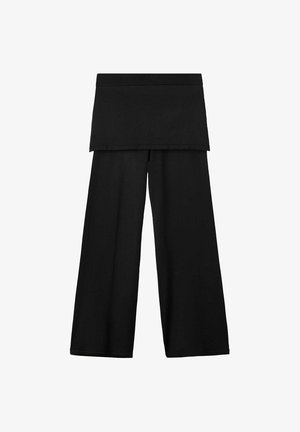 Pantalones negros de pierna ancha con detalle de falda en capas adjunto y cintura elástica, mostrados sobre un fondo blanco.