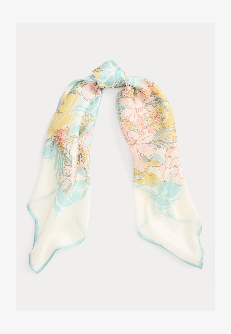 Eșarfă ușoară din mătase pastelată, cu margini albastre și modele florale delicate în roz, galben și verde, legată lejer în nod în partea superioară centrală.