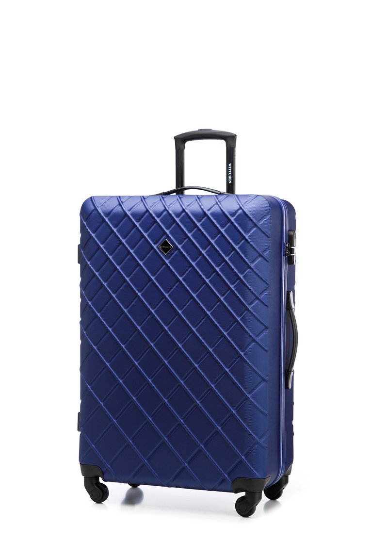 Hard-shell blue suitcase with a diamond pattern, retractable handle, black wheels, and a side handle for easy carrying.