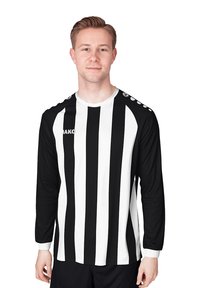 Langarm voetbalshirt met zwart-witte verticale strepen, JAKO-logo op de borst en schouderaccenten in het zwart met ronde details.