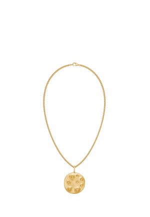 Goldene Halskette mit rundem, strukturiertem Anhänger mit erhabenen kreisförmigen Mustern und glatter Oberfläche.