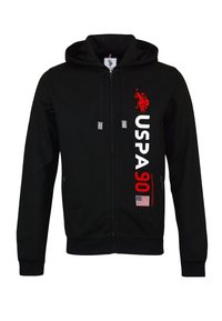 Hanorac negru cu fermoar, realizat dintr-un amestec de bumbac. Prezintă un logo roșu imprimat "USPA 90" și steagul american. Include buzunare frontale și glugă cu șnur ajustabil.
