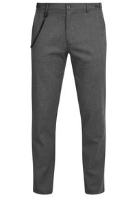 Sive hlače od teksturiranog materijala, slim fit kroja, s dva prednja džepa, kopčanjem na dugme i naglaskom u obliku lanca sa strane.