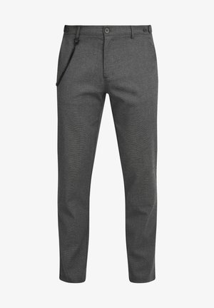 Pantaloni grigi con una trama tessile, caratterizzati da una vestibilità slim, due tasche anteriori, chiusura con bottone e un accento in catena sul lato.