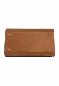 Barna velúr clutch táska lapos, téglalap alakú, arany hardware díszítéssel és négy fém talppal az alján.
