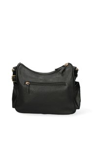 Borsa a tracolla nera in pelle con superficie texture, dotata di una tasca con zip frontale e di una tracolla regolabile. Accessori in tonalità oro.
