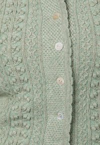 Hellgrüne Strickjacke mit komplizierten Mustern, gerippten Kanten und vier metallischen Knöpfen mit einer glatten Textur.