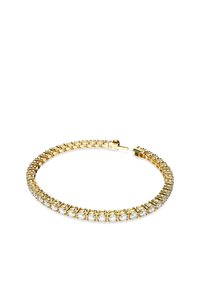 Pulseira de ouro com uma série de pedras redondas e transparentes, montadas numa banda metálica flexível, projetada com um fecho seguro.