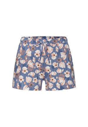 Pantalones cortos florales con fondo azul, que presentan grandes flores rosas y blancas, una cinturilla elástica y un cord�ón para un ajuste ajustable.