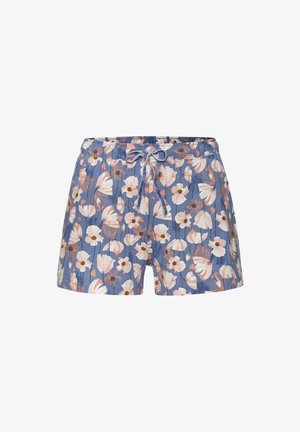 Cvečne kratke hlače z modro podlago, s velikimi roza in belimi cvetovi, elastičnim pasom in vrvico za prilagoditev.