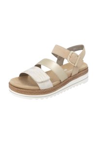 Lightweight sandals with a textured white woven fabric, smooth beige and metallic straps, adjustable buckle, and a white and brown sole.
