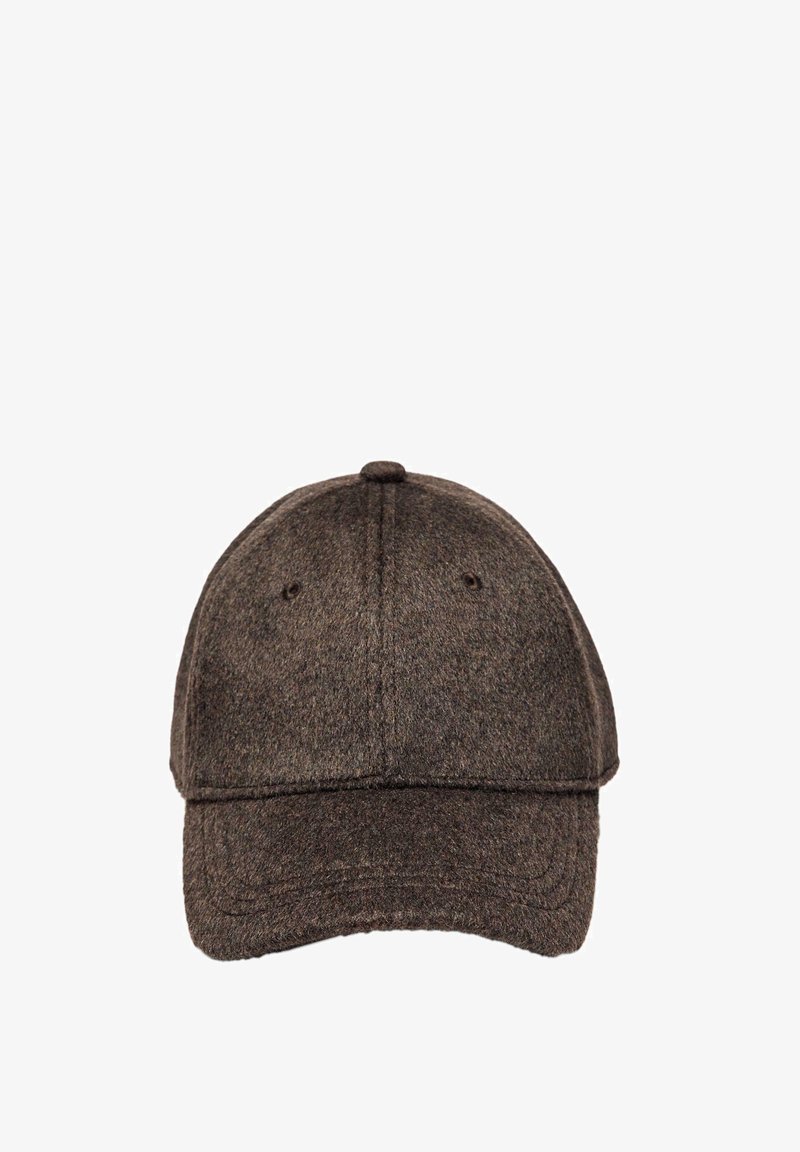 Brown felt baseball cap with a rounded crown, curved brim, and a button at the top; features stitched accents along the brim.