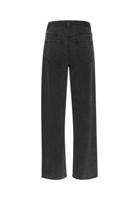 Pantalones de mezclilla negra de pierna ancha con cintura alta, que cuentan con dos bolsillos traseros y una ligera textura. El diseño es minimalista sin herrajes visibles.