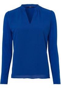 Blusa a maniche lunghe di un blu royal con scollo arricciato e un piccolo taglio a forma di V sul colletto anteriore.