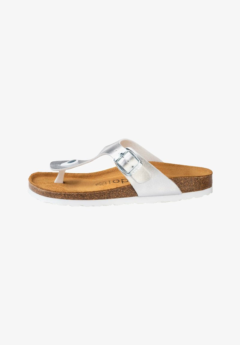 Sandalia de dedo metálica plateada con plantilla de corcho, suela blanca y una hebilla ajustable en la correa. Textura suave y diseño minimalista.