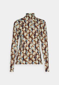 Langere mouw turtleneck top met een geometrisch patroon in bruin, blauw en crèmelicht met een gladde stof en een aansluitende pasvorm.