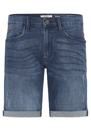 Denim shorts in dark blue with a faded finish, featuring rolled cuffs, two front pockets, and a brown leather logo patch on the back.