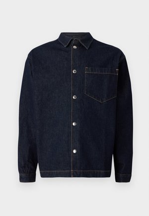 Dark blue denim shirt jacket with a front button closure, pointed collar, chest pocket, and contrasting orange stitching details.