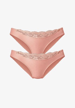 Rosa Spitzen-Damenslips aus glattem Stoff mit gezackten Kanten und dekorativen Schleifen an den Seiten. Zwei Paare gezeigt.