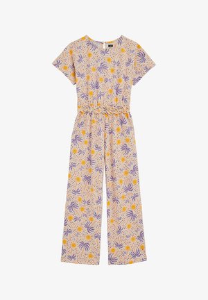 Īsroku bēša kombinezons ar platajām biksēm, violetu palmas koku un dzeltenas saules apdruku, kā arī kroklu elastīgu jostasvietas detaļu.